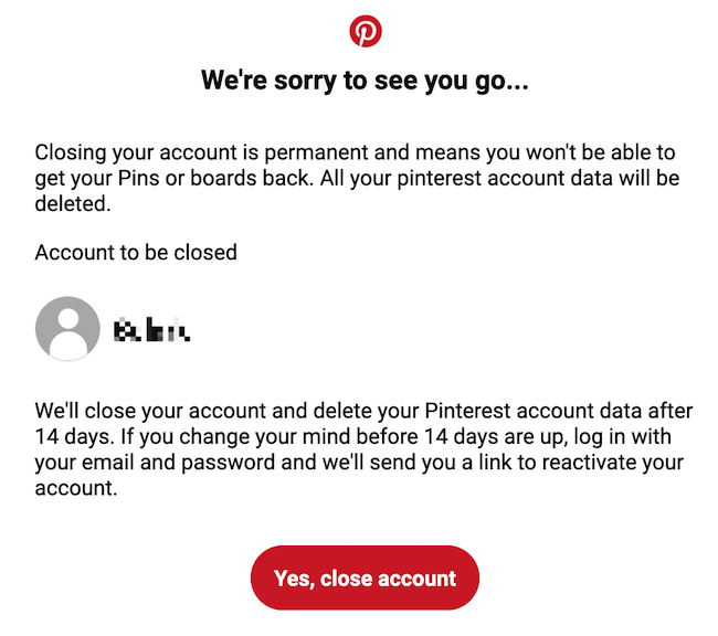 Pinterest account deletion final step